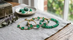An open sterling silver bangle featuring two pear-shaped green emerald birthstone gems representing May.