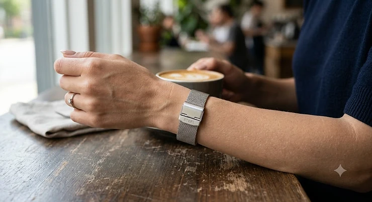 Woman wearing a sleek silver stainless steel mesh bracelet with a secure adjustable magnetic closure. stainless steel mesh bracelets women