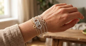 Stacked set of delicate gold and silver infinity link bracelets styled on a woman's wrist.