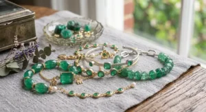 A close up of a model wearing stacked emerald birthstone bracelets mixed with gold bands for May fashion inspiration.