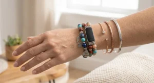 Stacked bracelet wrist layout featuring a beaded jewelry bracelet for Fitbit alongside fashion bangles