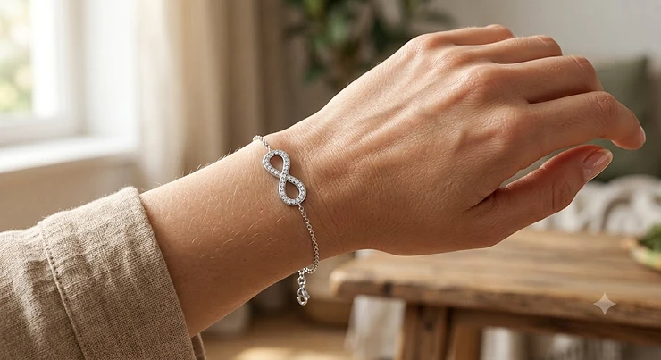 Sterling silver infinity charm bracelet set with sparkling cubic zirconia for women. infinity bracelets for women
