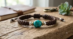 Men's and women's unisex braided brown leather bracelet with a central December birthstone turquoise bead.