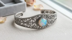 An antique style October birthstone opal cuff bracelet crafted in sterling silver with intricate filigree details and a central round opal.