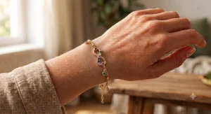14k yellow gold infinity charm bracelet for women embellished with birthstone gems.