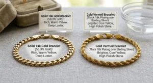 Visual comparison of the natural color tone, warmth, and luster between a 14k gold bracelet and a high-karat gold vermeil finish.