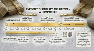 Timeline illustration mapping expected durability and lifespan differences for a 14k gold bracelet vs gold vermeil over several years of use.
