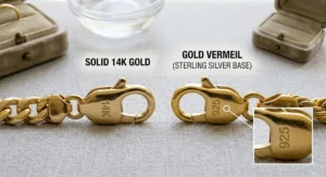 Close-up diagram of jewelry hallmarks displaying 14K stamp on solid gold vs 925 stamp on gold vermeil bracelets.