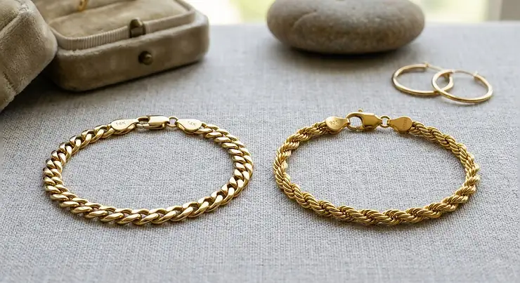 Side-by-side comparison of a 14k gold bracelet and a gold vermeil bracelet showcasing key differences in metal composition.