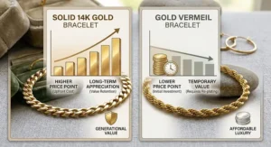 Infographic comparing the price point, long-term value, and affordability of a 14k gold bracelet versus gold vermeil jewelry.