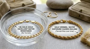 Illustration demonstrating tarnish resistance and water safety for a 14k gold bracelet compared to a gold vermeil bracelet during daily wear.