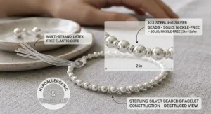 Diagram showing 925 sterling silver beaded bracelet construction for sensitive skin types