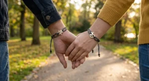 Illustration of a set of adjustable braided cord matching puzzle bracelets for couples with interlocking silver charm accents.