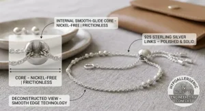 Illustration of an adjustable sterling silver bolo bracelet engineered for non-irritating wear