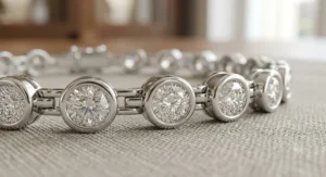 Close-up detail of a modern bezel-set silver tennis bracelet showcasing the secure metal rims.