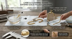 Step-by-step cleaning and care guide illustrating proper maintenance steps to help your gold-filled bracelet last longer.
