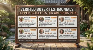 Graphic showcasing quotes and star ratings from verified buyer reviews on copper bracelets for arthritis pain.