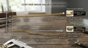Cost-per-wear graph comparing the upfront retail price and long-term value of gold-filled bracelets versus gold-plated jewelry.
