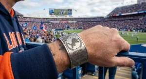 Engraved metal cuff sports team fan bracelet showcasing athletic design elements