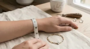 Measuring tape around a small wrist next to a custom-fit two-tone gold bracelet