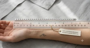 Visual size guide measuring a CZ tennis bracelet length against a wrist ruler.