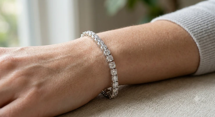 Classic sterling silver CZ tennis bracelet with round brilliant-cut cubic zirconia stones on a female wrist.