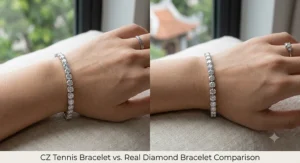 Side-by-side comparison showing the sparkle and clarity of a CZ tennis bracelet next to a real diamond bracelet.