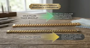 Illustration showing daily wear resistance and tarnish rates of gold-filled chain bracelets versus gold-plated options.