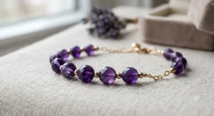 A close-up showing faceted dark purple amethyst gemstone beads strung on a delicate gold February birthstone bracelet.