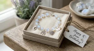 Elegant moonstone charm bracelet packaged in a gift box for June birthdays