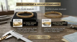 Chart explaining gold weight standards, showing 5 percent real gold weight in gold-filled pieces versus flash plating.