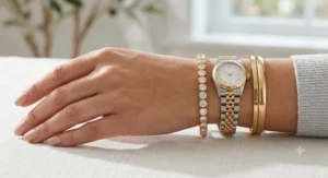 14k gold plated CZ tennis bracelet stacked with a luxury watch and gold bangles.