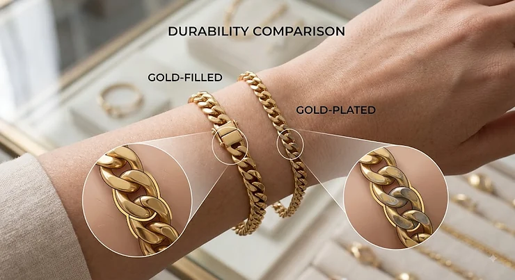 Side-by-side comparison illustrating the design and wear differences between a gold-filled bracelet and a gold-plated bracelet. gold-filled vs gold-plated bracelet which lasts longer