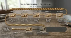 Timeline infographic demonstrating that gold-filled bracelets last up to 30 years while gold-plated bracelets fade in 1 to 2 years.