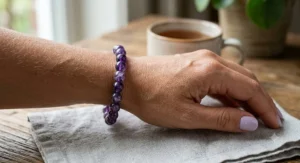 A close-up view of a hand wearing a round amethyst bead stretch bracelet for a February birthday gift.