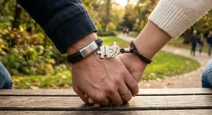 Illustration of his and hers matching puzzle bracelets for couples with magnetic connectors that lock together.