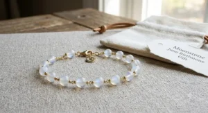 Gold chain bracelet featuring round moonstone beads for June birthdays