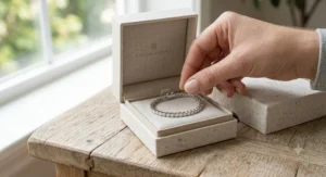 Unboxing a luxury lab-grown diamond bracelet presented in an eco-friendly gift box