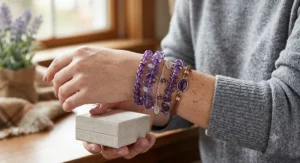 A stylish woman wearing a stacked set of purple amethyst bracelets as a February birthstone gift.