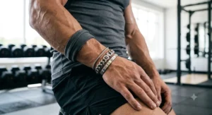 Stacked waterproof stainless steel bracelets paired with modern athleisure fitness wear.
