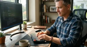 An American man typing comfortably at an office desk while wearing an adjustable copper arthritis bracelet.