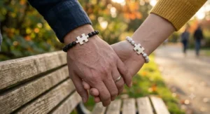 Illustration of natural gemstone bead matching puzzle bracelets for couples featuring matte onyx and white howling stones.