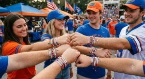 Matching set of hand-beaded sports team bracelets displayed as fan jewelry options