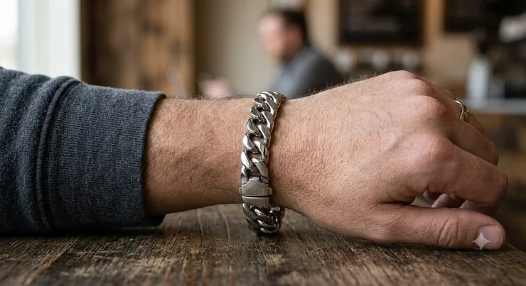 Man wearing a thick Cuban link stainless steel bracelet on his wrist stainless steel bracelets