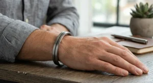 Modern men's titanium bangle bracelet crafted with biocompatible, allergy safe metals