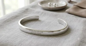 Line art showing a nickel-free sterling silver cuff bracelet ideal for allergy-prone skin