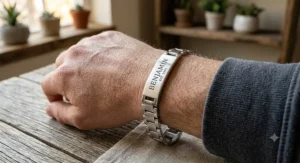 Personalized engraved stainless steel ID bracelet with custom name lettering