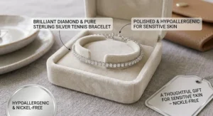 Illustration of a brilliant sterling silver tennis bracelet packaged as a gift for sensitive skin