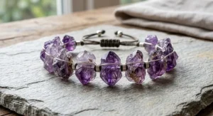 A raw amethyst crystal bracelet featuring rough-cut deep purple gemstone beads for a February birthday gift.