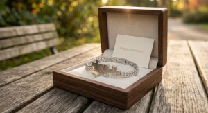 Illustration of romantic matching puzzle bracelets for couples presented together in an open luxury gift box.